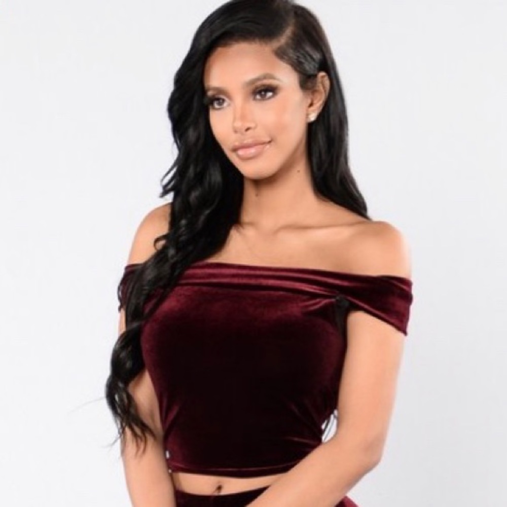 Fashion nova velvet off the shoulder crop top